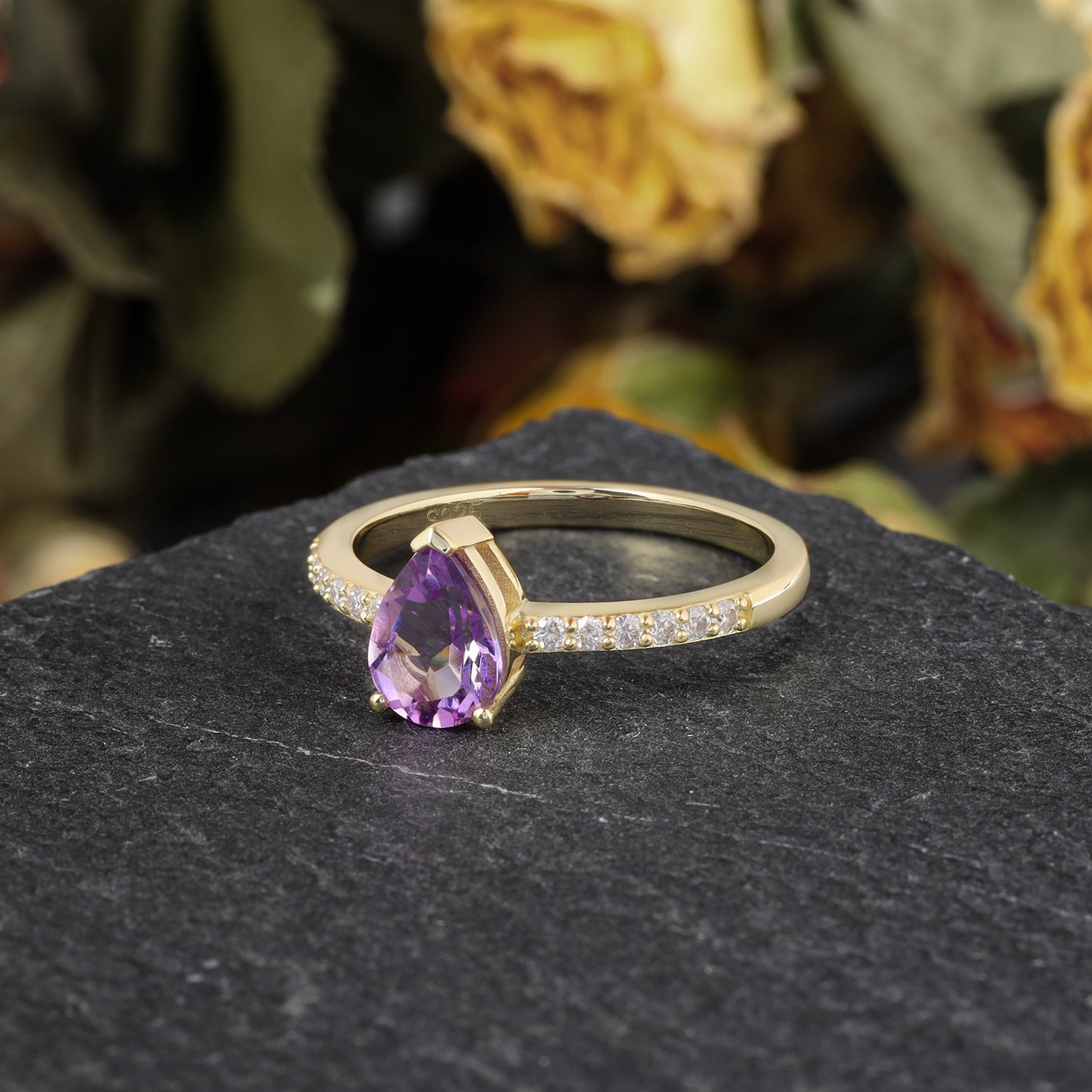 Natural Amethyst Pear Shaped With Moissanite, 925 Sterling Silver Ring