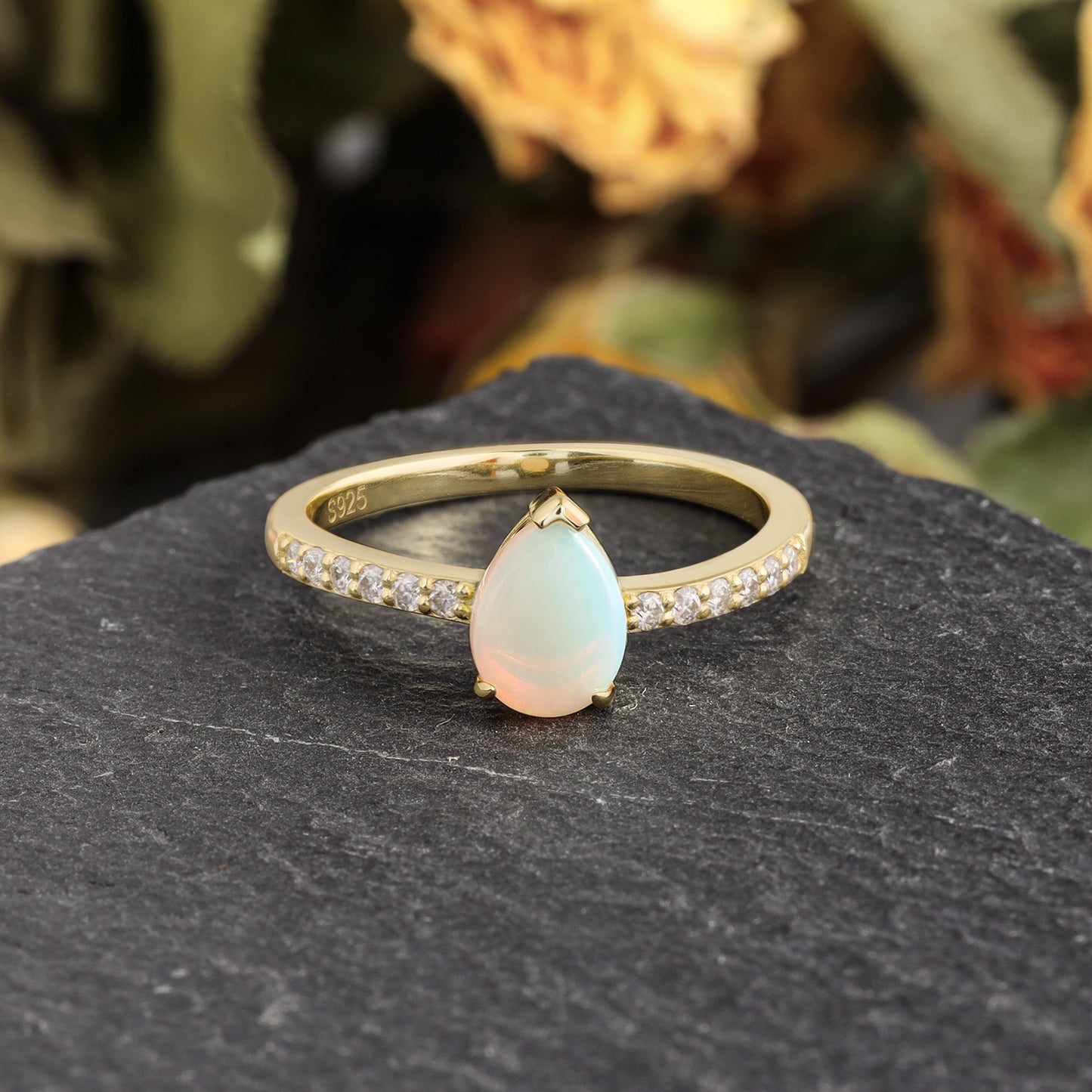 Natural Opal Pear Shaped With Moissanite, 925 Sterling Silver Ring