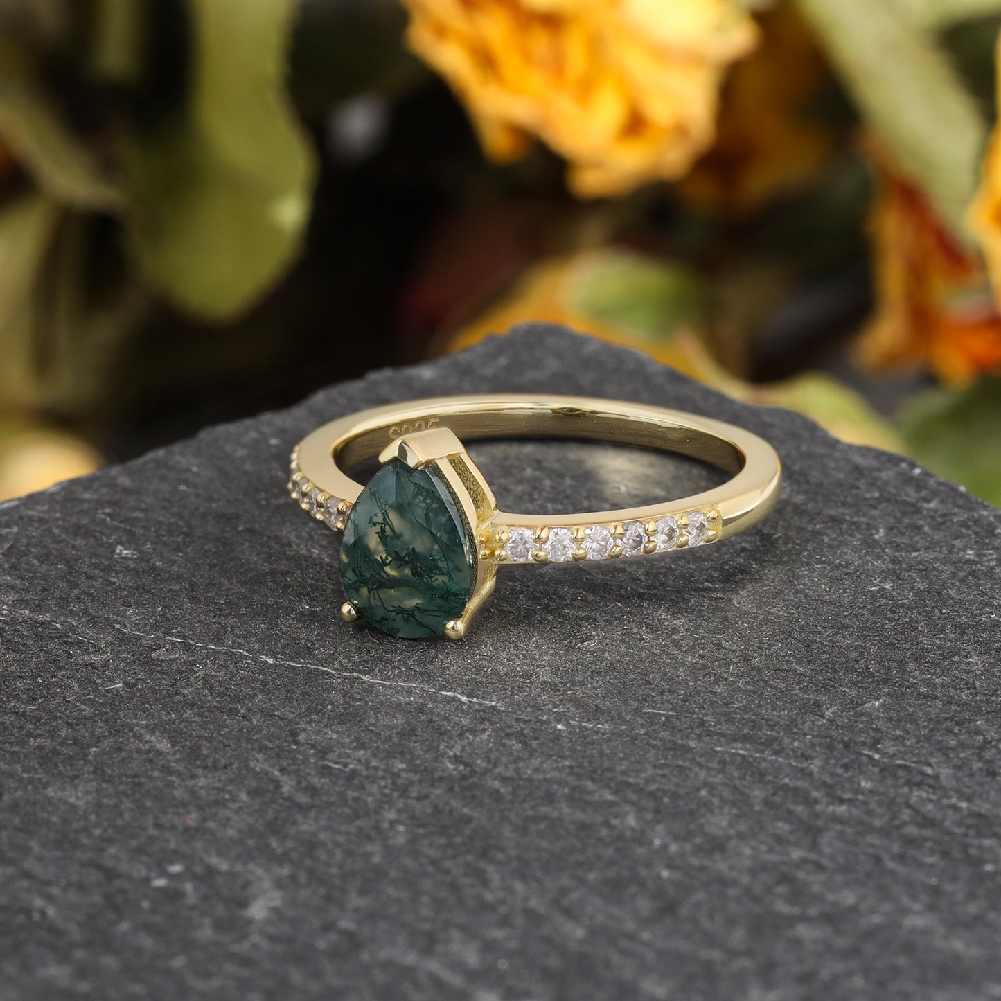 Natural Moss Agate Pear Shaped With Moissanite, 925 Sterling Silver Ring