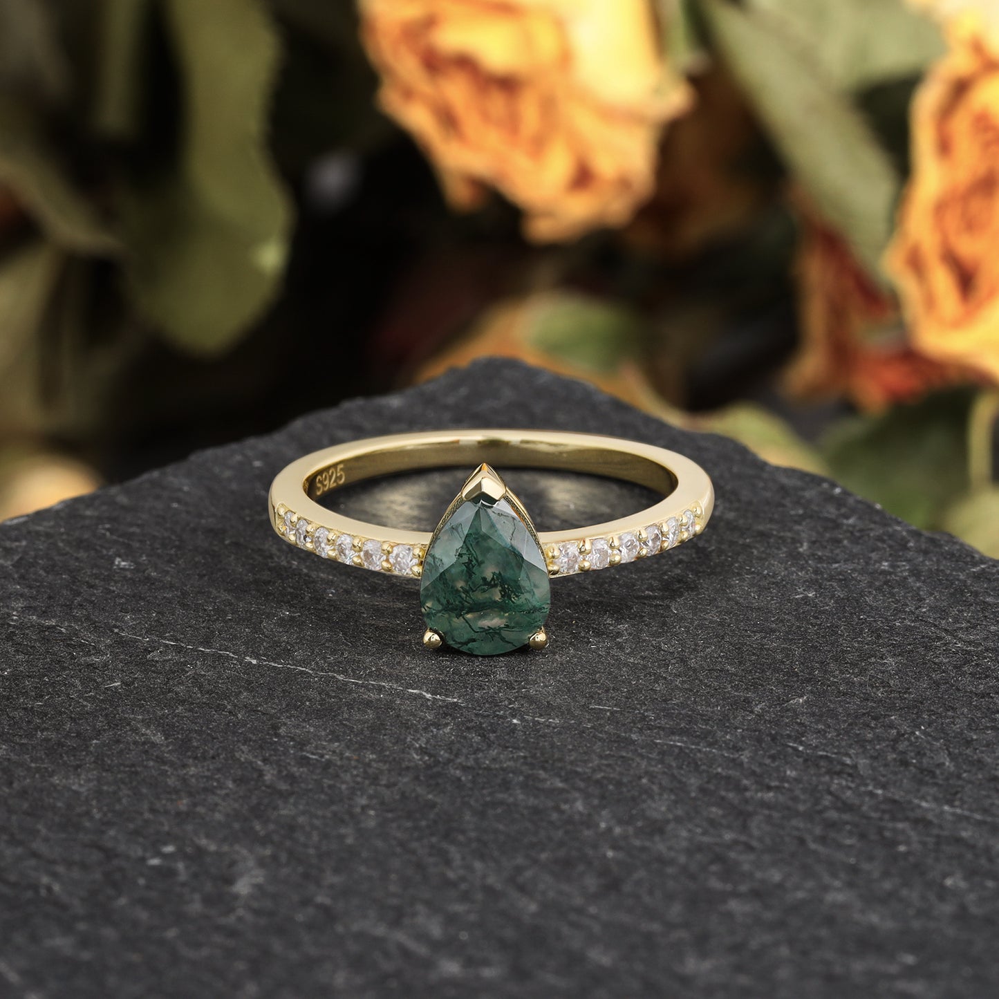 Natural Moss Agate Pear Shaped With Moissanite, 925 Sterling Silver Ring