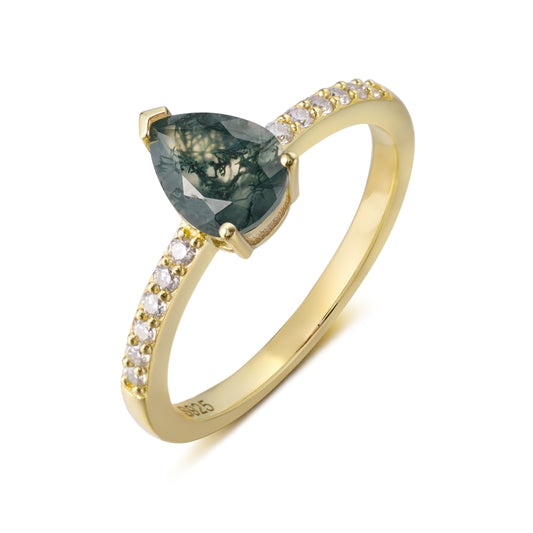 Natural Moss Agate Pear Shaped With Moissanite, 925 Sterling Silver Ring