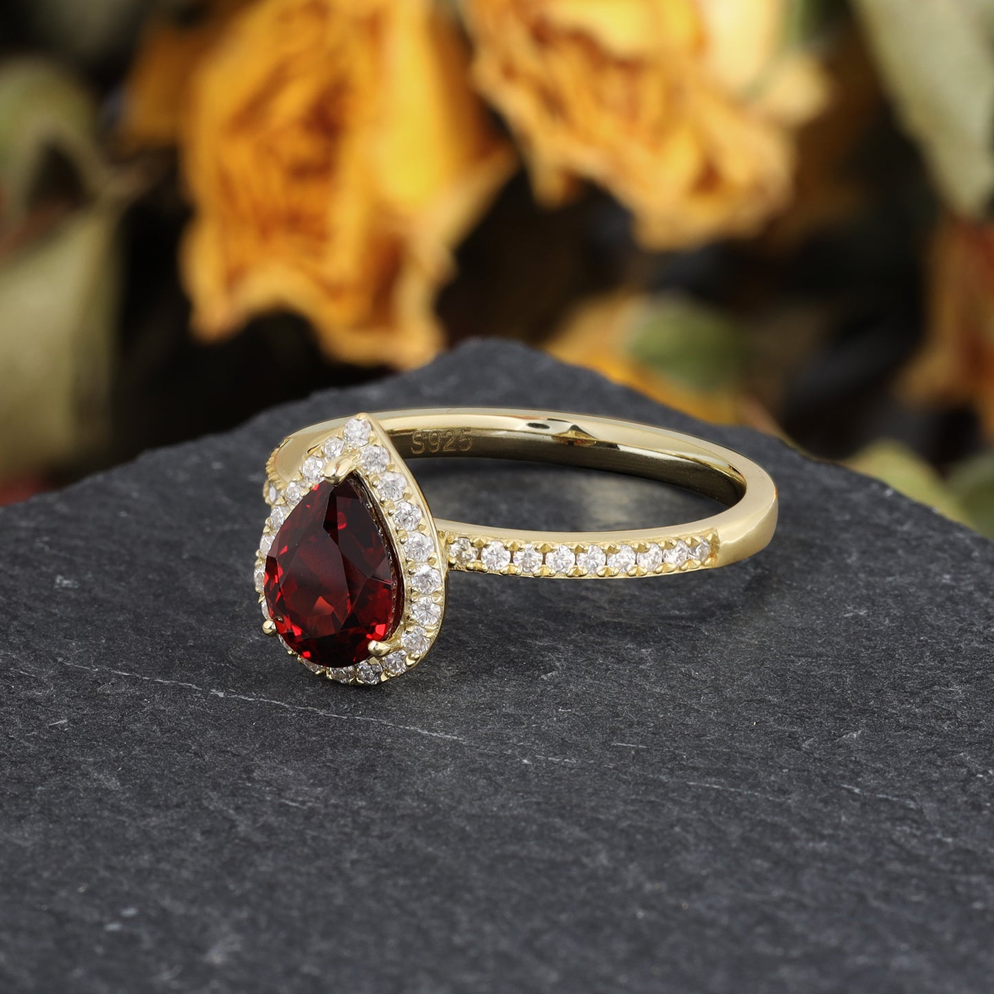 Natural Garnet Pear With Moissanite 925 Sterling Silver Ring