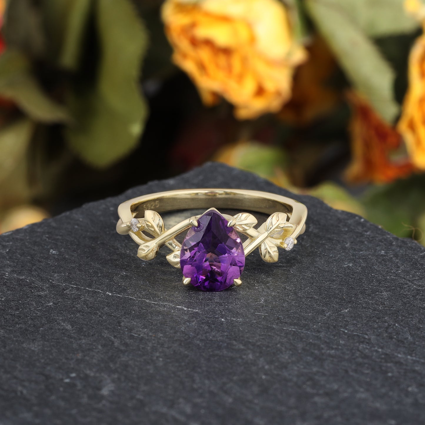 Natural Amethyst Pear Shaped With Moissanite, 925 Sterling Silver Ring
