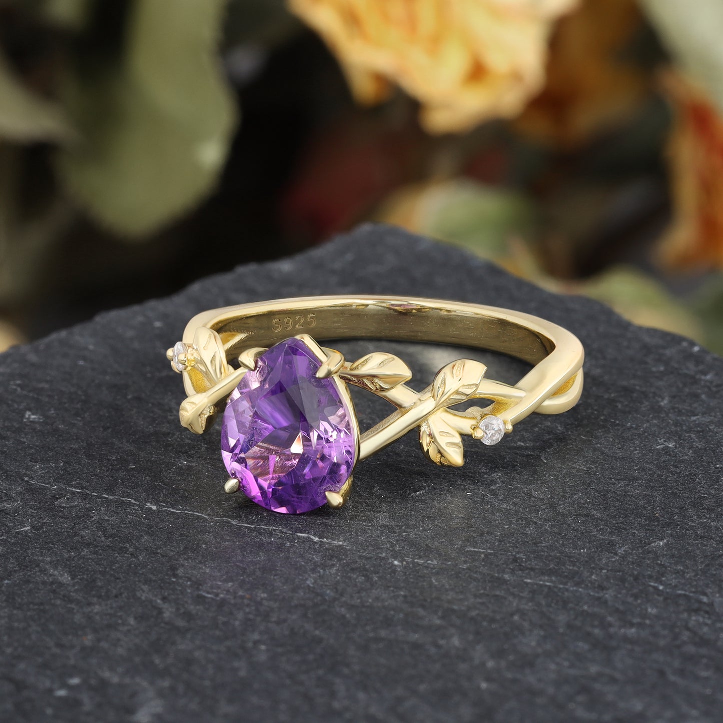 Natural Amethyst Pear Shaped With Moissanite, 925 Sterling Silver Ring