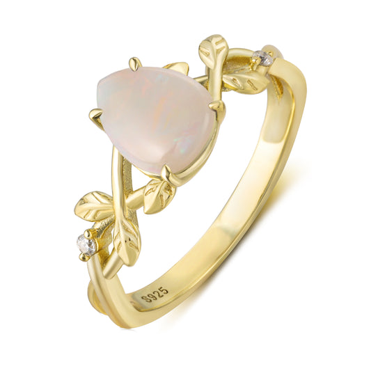 Natural Opal Pear Shaped With Moissanite, 925 Sterling Silver Ring