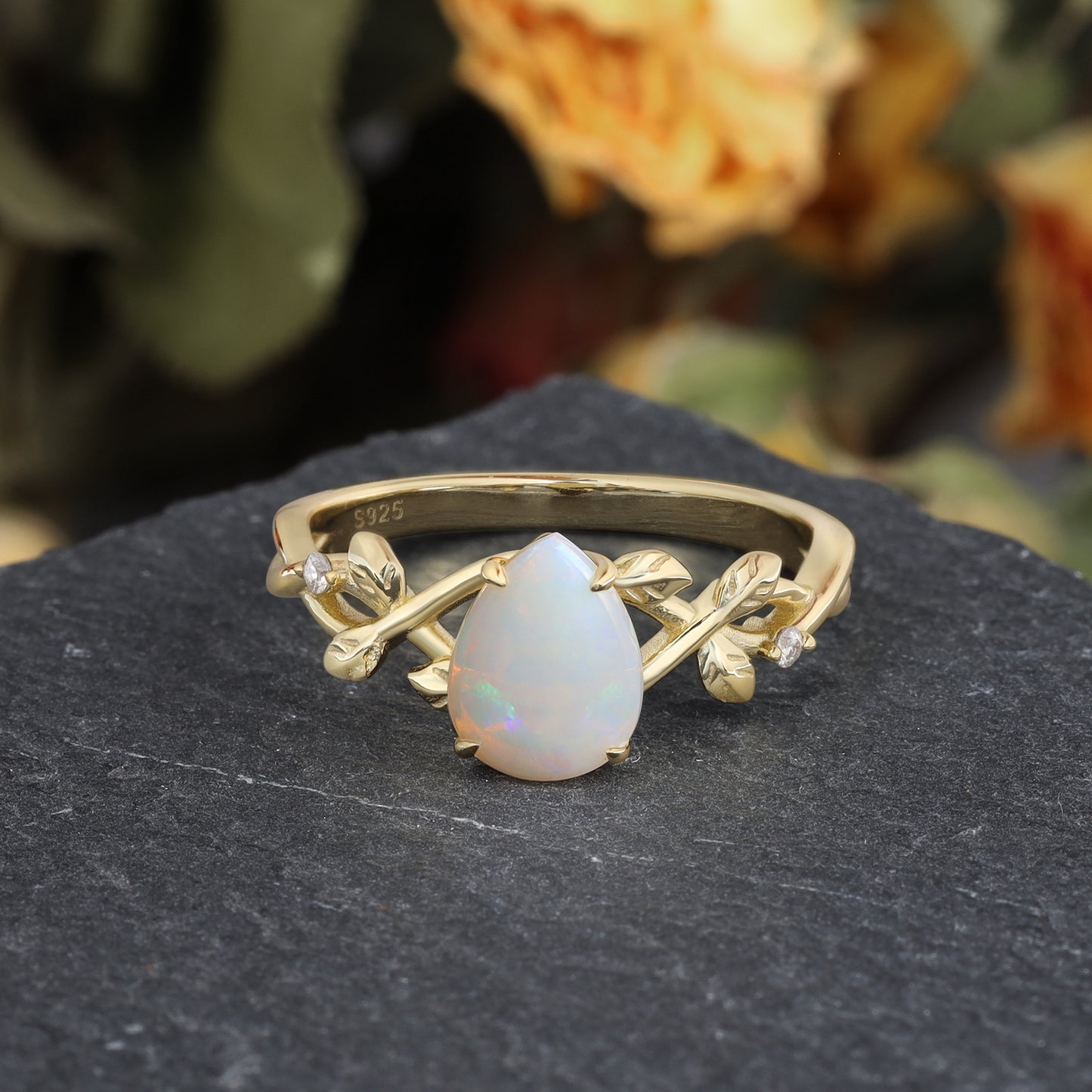 Natural Opal Pear Shaped With Moissanite, 925 Sterling Silver Ring