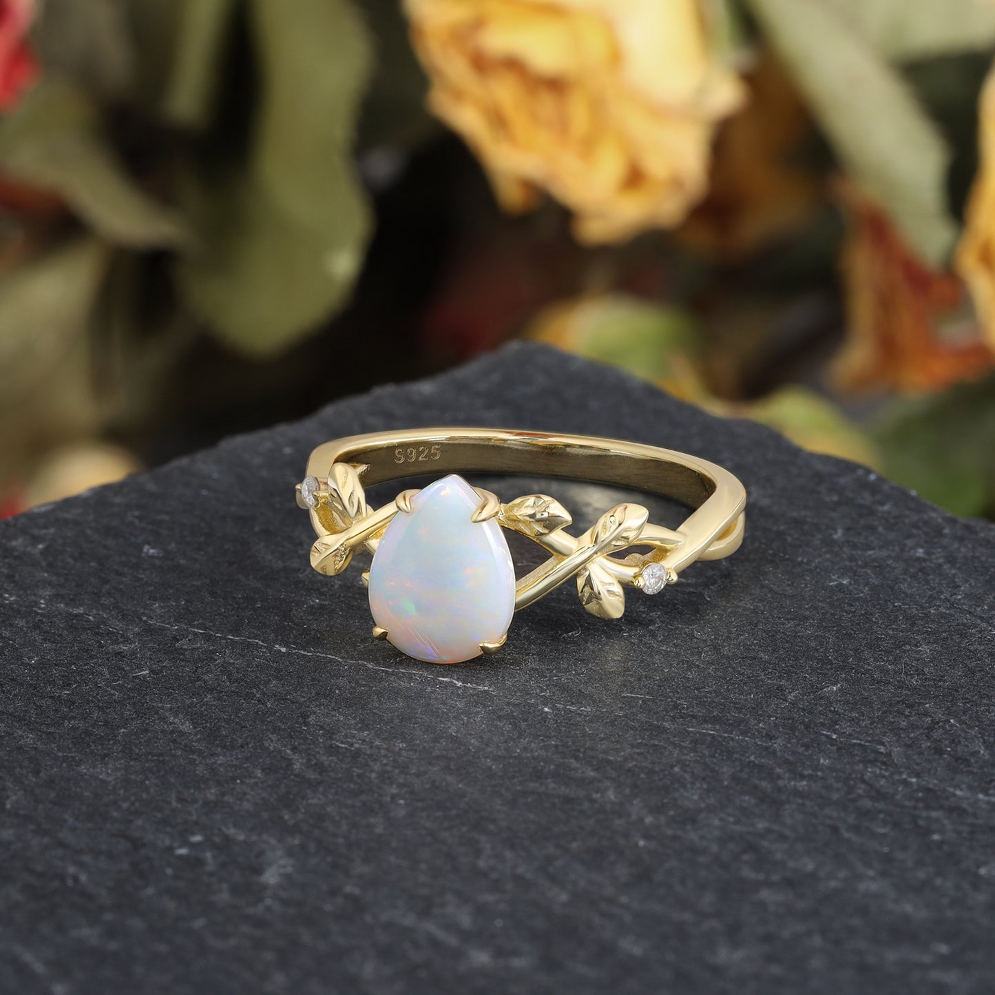 Natural Opal Pear Shaped With Moissanite, 925 Sterling Silver Ring