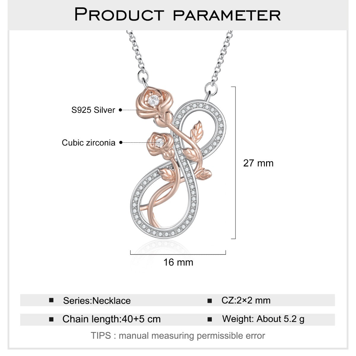 Infinity Rose Flower 2 Tone Necklace 925 Sterling Silver
