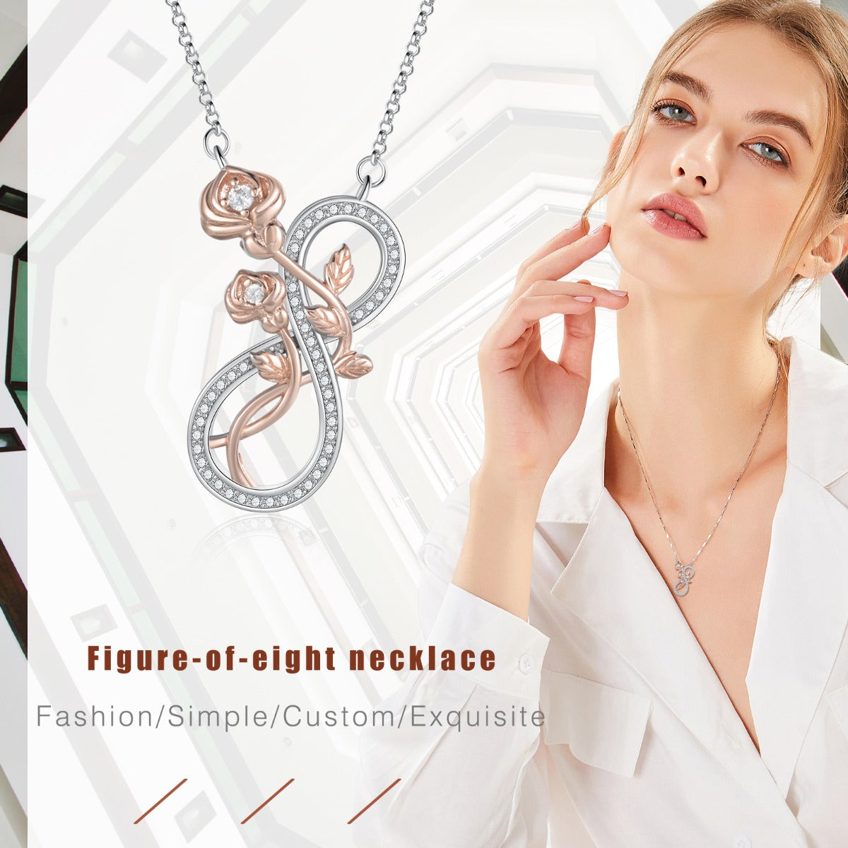 Infinity Rose Flower 2 Tone Necklace 925 Sterling Silver