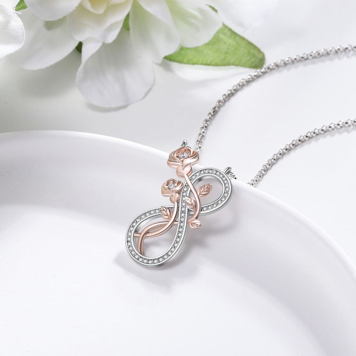 Infinity Rose Flower 2 Tone Necklace 925 Sterling Silver