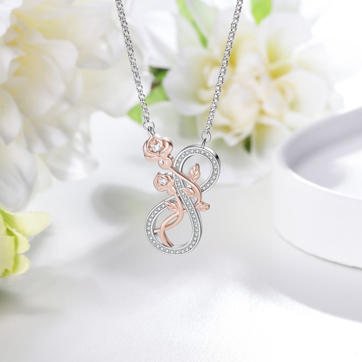 Infinity Rose Flower 2 Tone Necklace 925 Sterling Silver