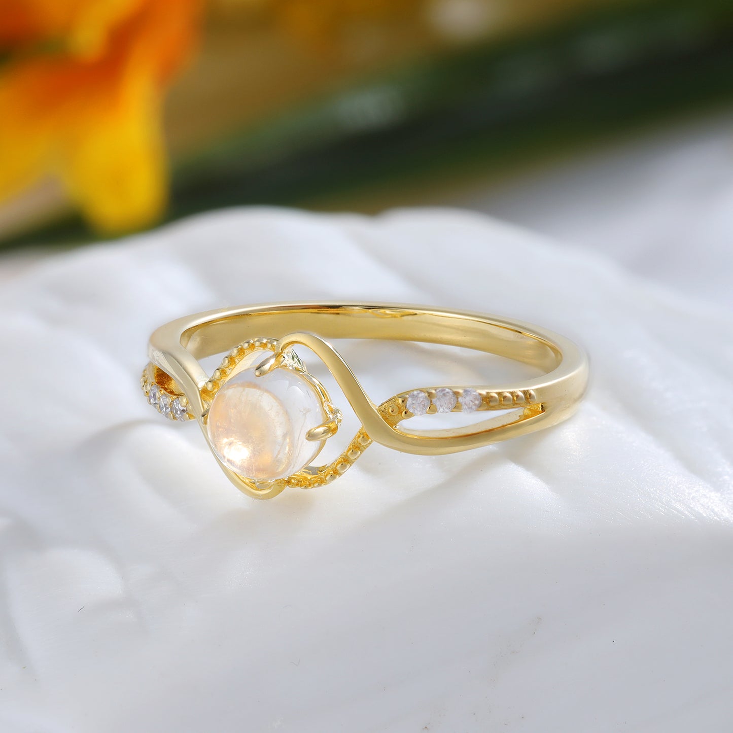 18K Gold Natural Moonstone With Moissanite Ring