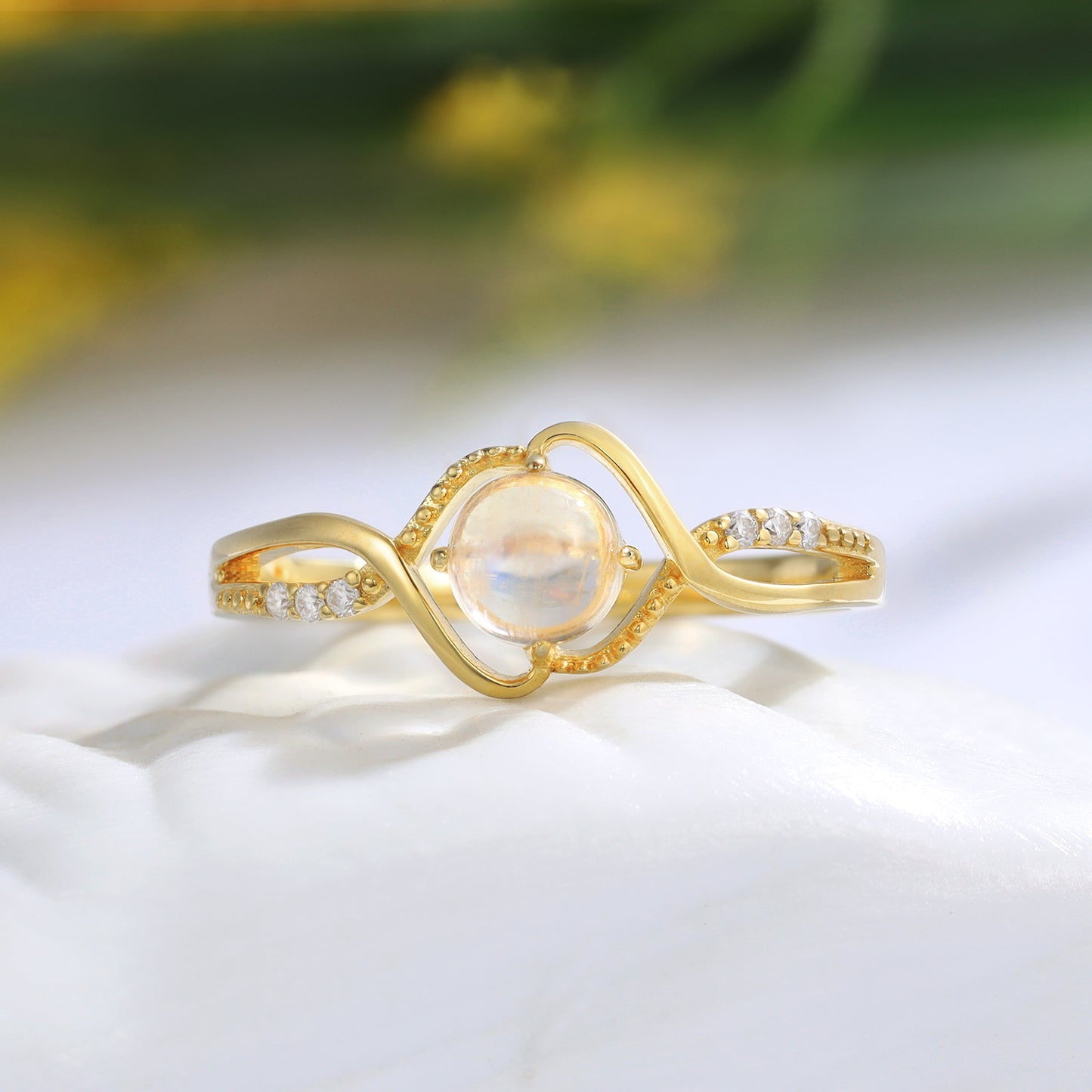 18K Gold Natural Moonstone With Moissanite Ring