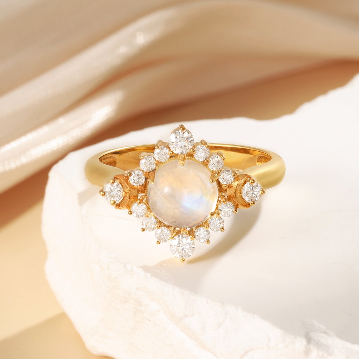 18K Gold Natural Moonstone With Moissanite Ring