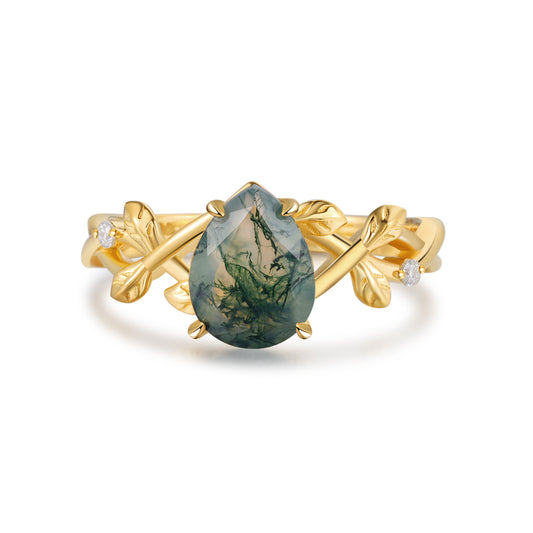 18K Gold Natural Moss Agate With Moissanite Ring