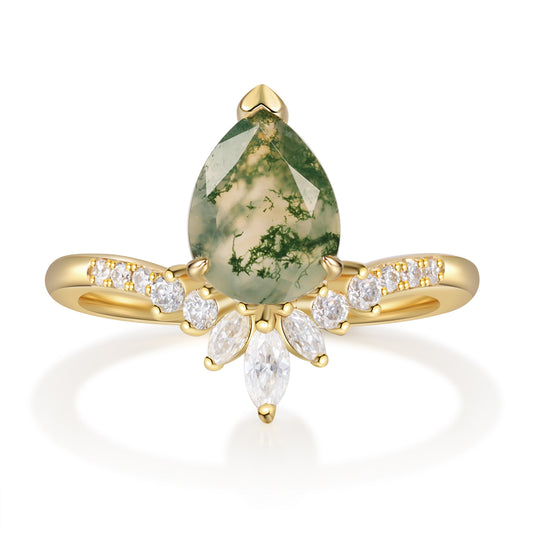 18K Gold Natural Moss Agate With Moissanite Ring