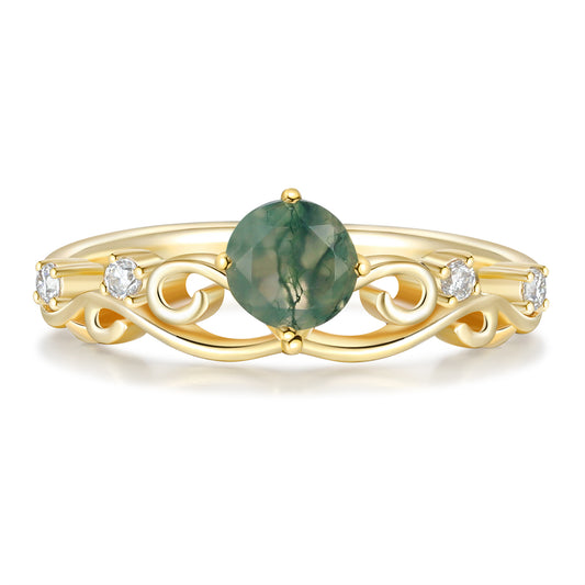 18K Gold Natural Moss Agate With Moissanite Ring