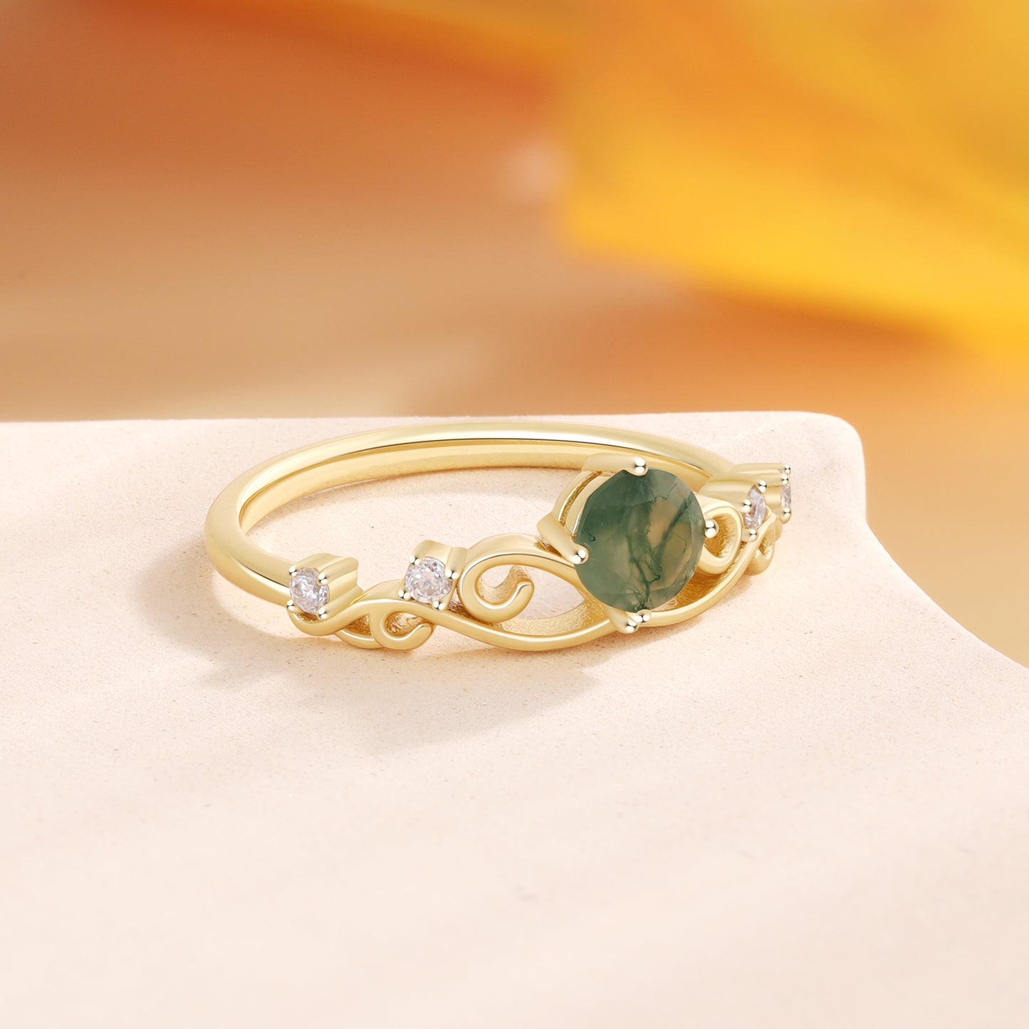 18K Gold Natural Moss Agate With Moissanite Ring