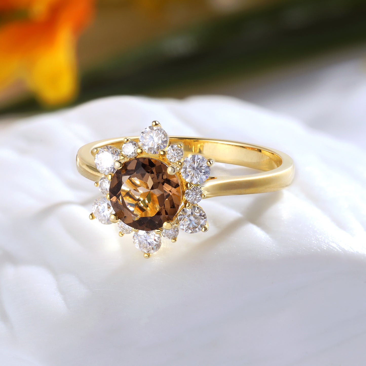 18K Gold Smoked Quartz With Moissanite Ring (Options for: Alexandrite, Onyx or Opal)