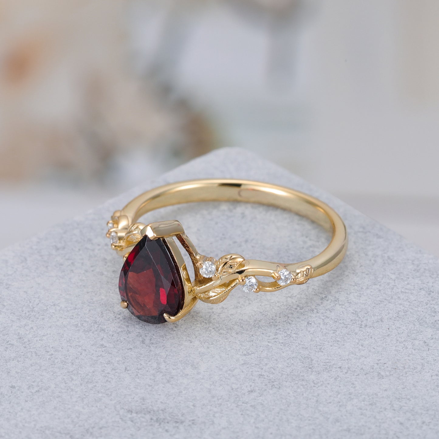 Natural Garnet Pear With Moissanite 925 Sterling Silver Ring