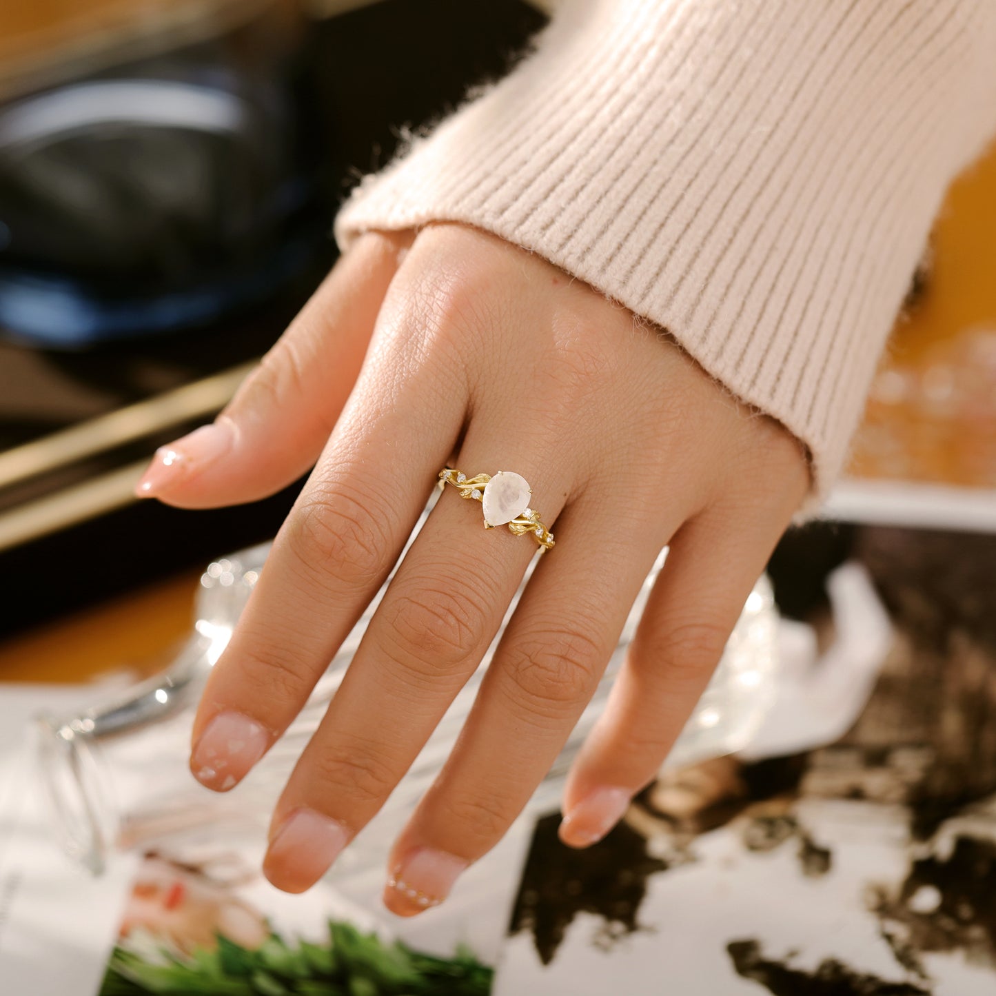 Natural Moonstone Pear With Moissanite 925 Sterling Silver Ring