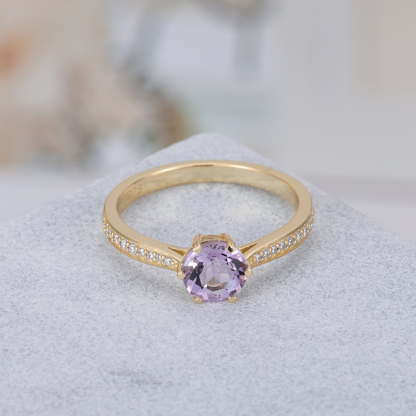 Natural Amethyst Round With Moissanite 925 Sterling Silver Ring