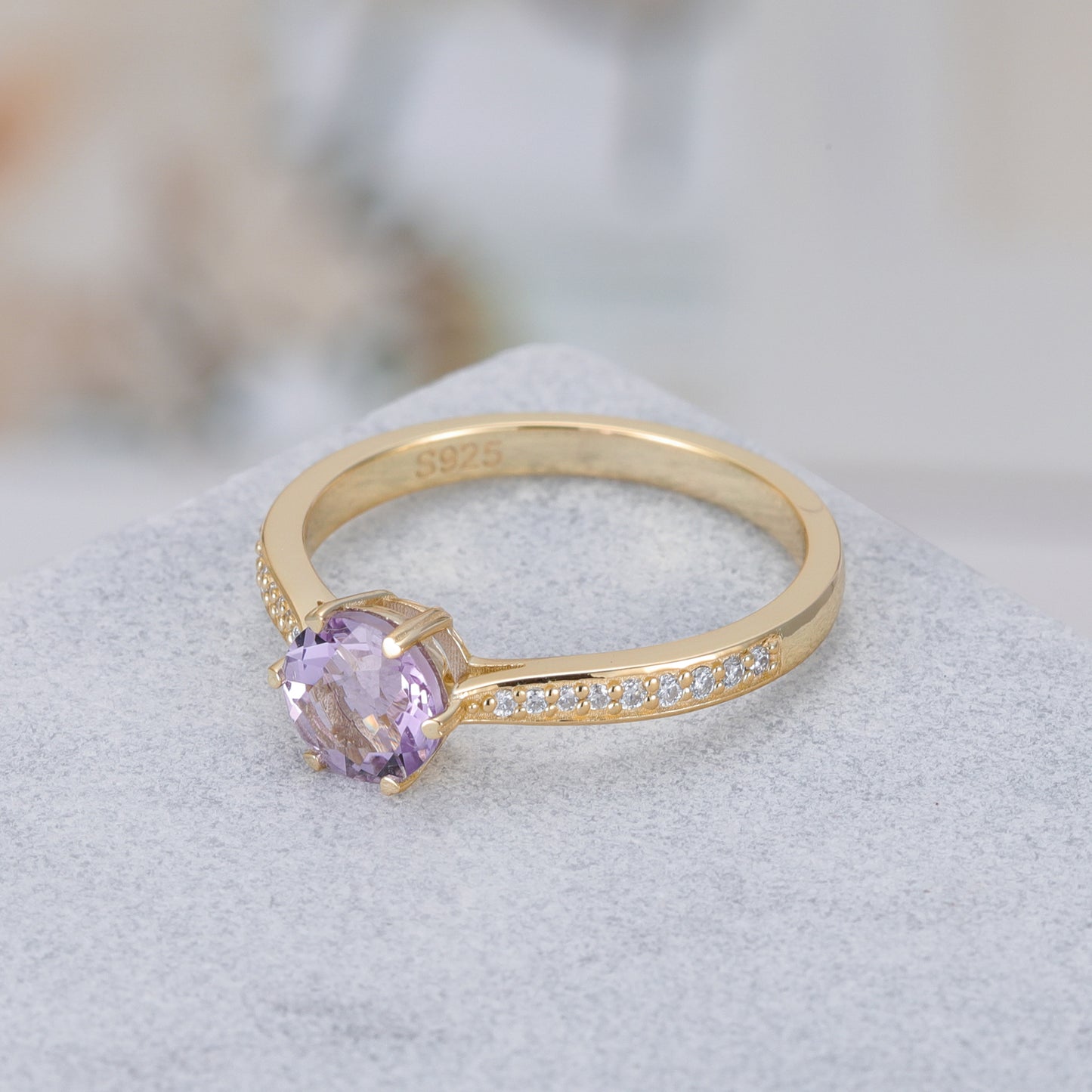 Natural Amethyst Round With Moissanite 925 Sterling Silver Ring