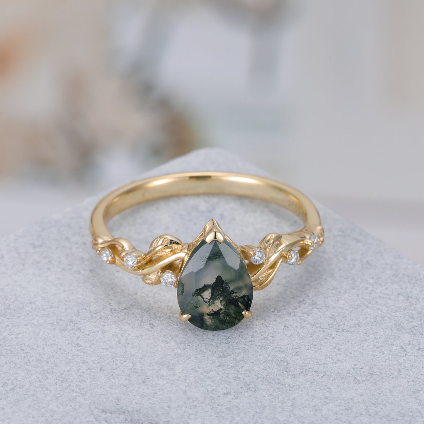 Natural Moss Agate Pear With Moissanite 925 Sterling Silver Ring