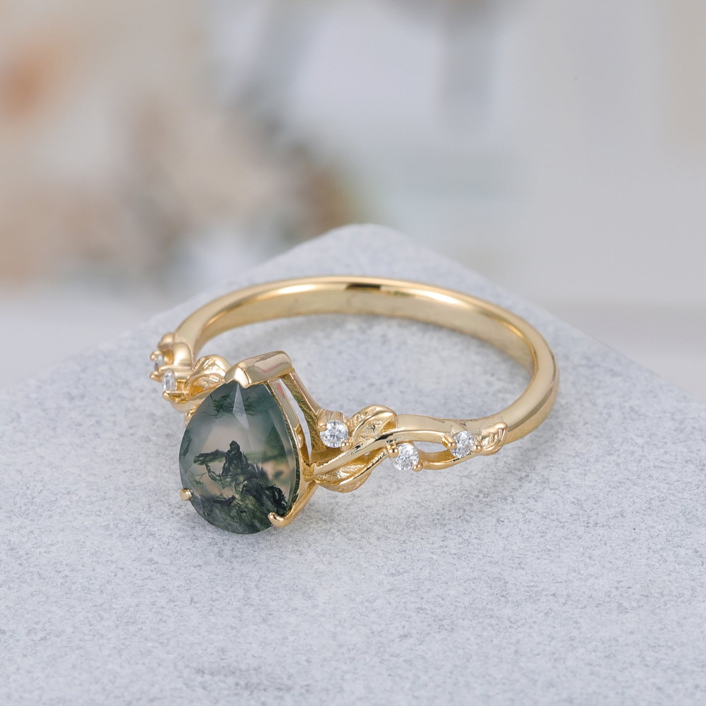 Natural Moss Agate Pear With Moissanite 925 Sterling Silver Ring