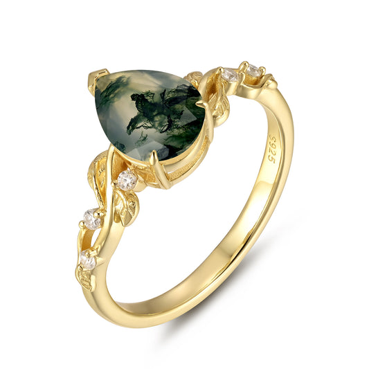 Natural Moss Agate Pear With Moissanite 925 Sterling Silver Ring