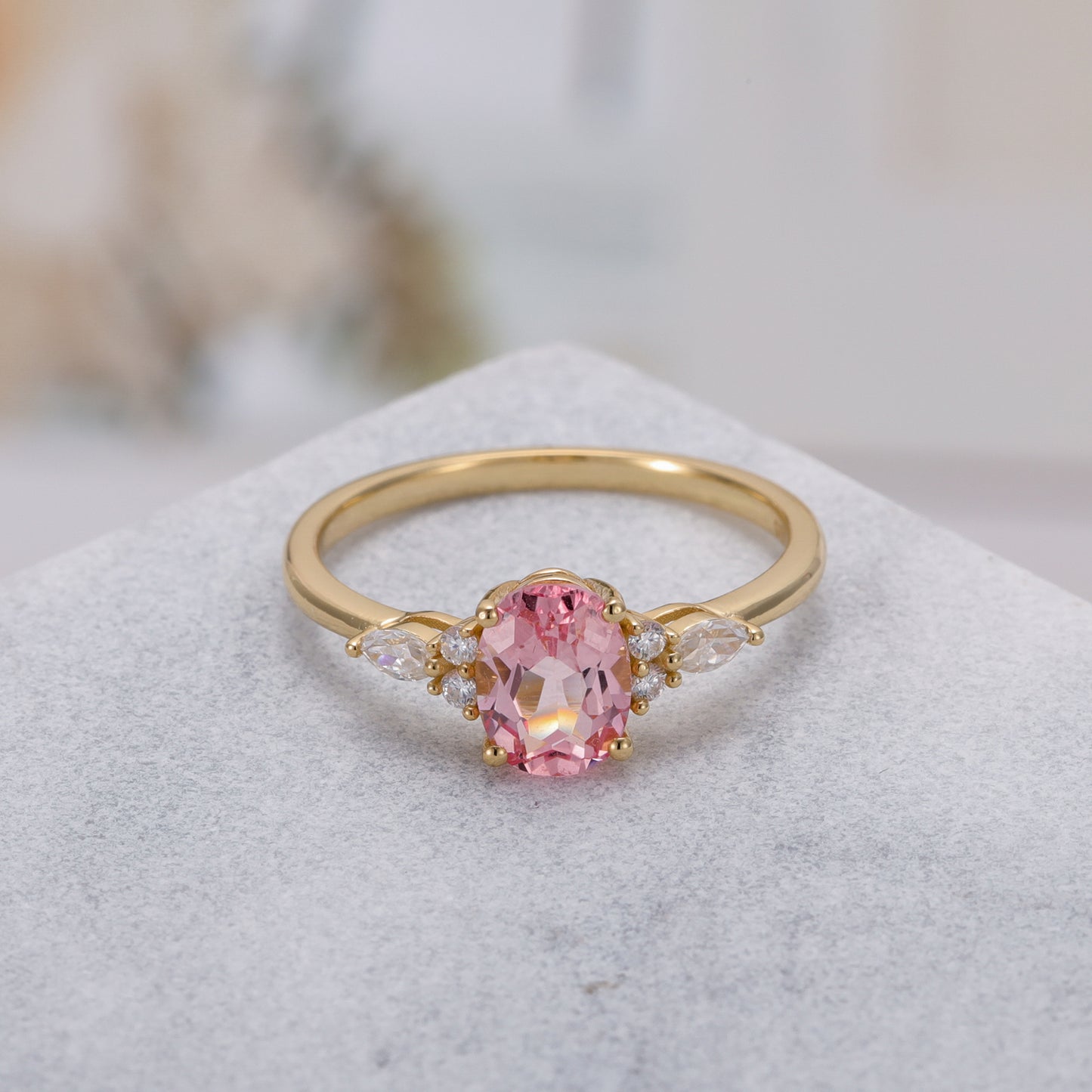 Pink Sapphire Oval With Moissanite 925 Sterling Silver Ring