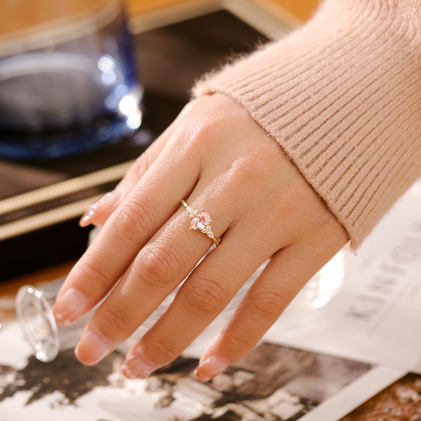 Pink Sapphire Pear With Moissanite 925 Sterling Silver Ring