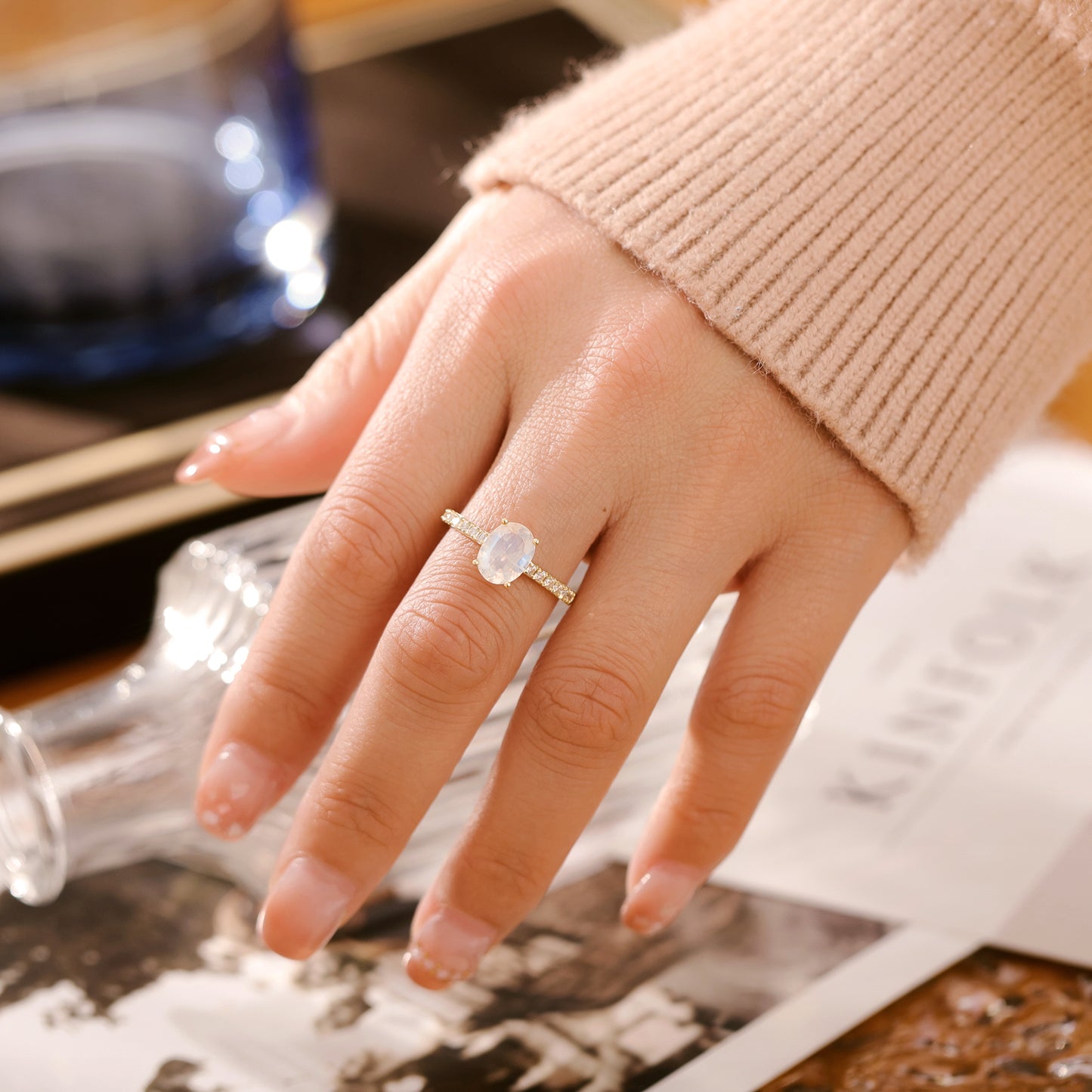 Natural Moonstone Oval With Moissanite 925 Sterling Silver Ring