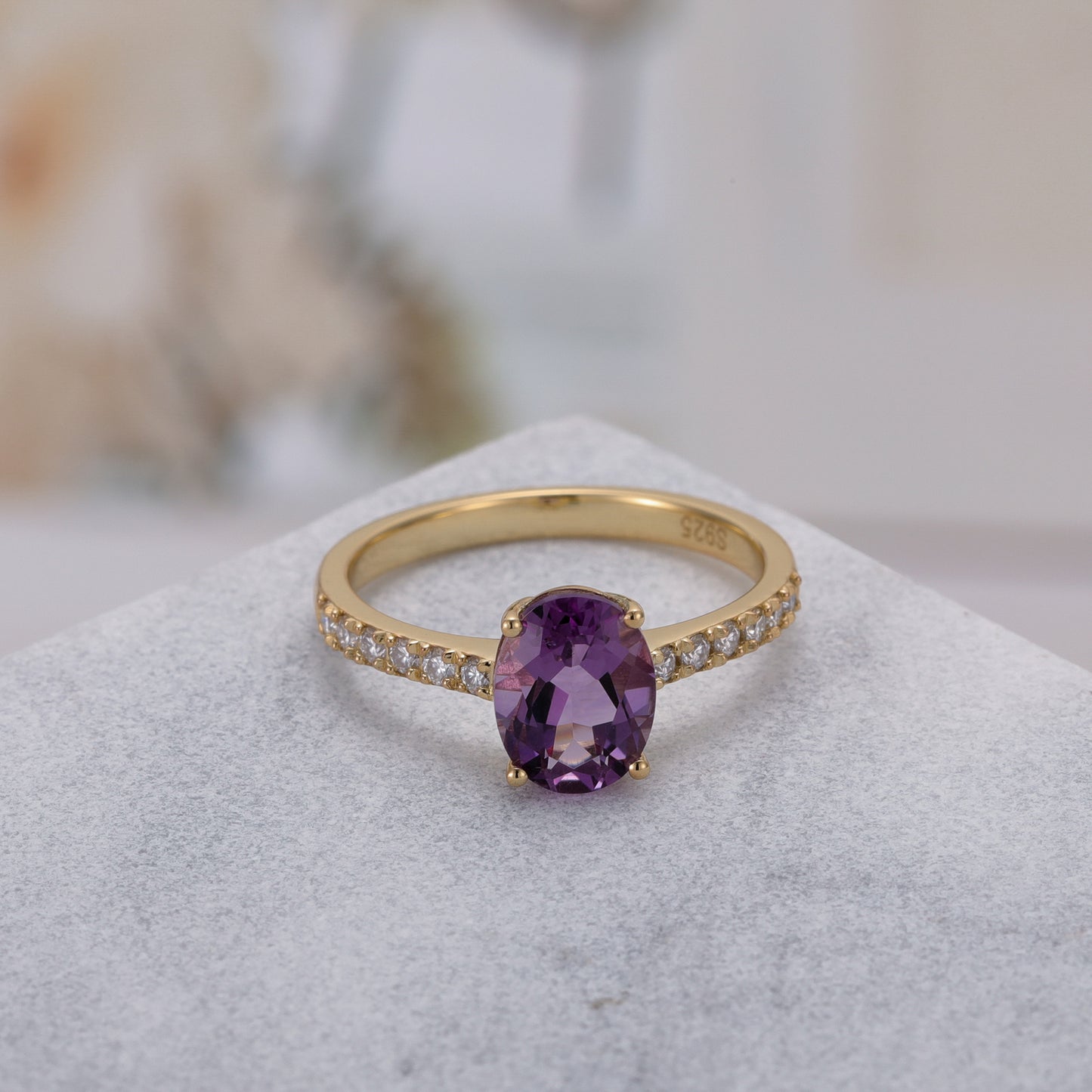 Natural Amethyst Oval With Moissanite 925 Sterling Silver Ring