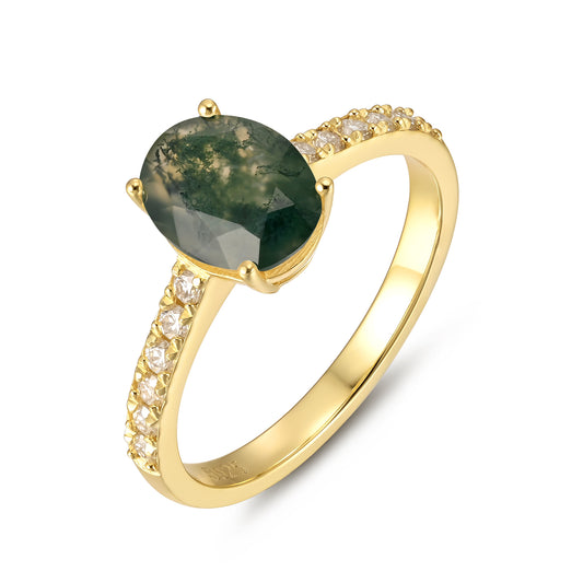 Natural Moss Agate Oval With Moissanite 925 Sterling Silver Ring