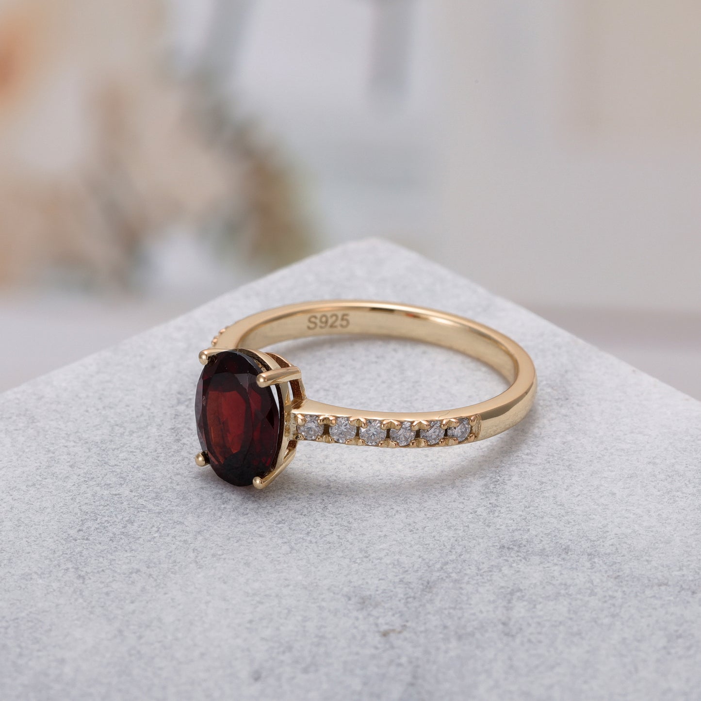 Natural Garnet Oval With Moissanite 925 Sterling Silver Ring