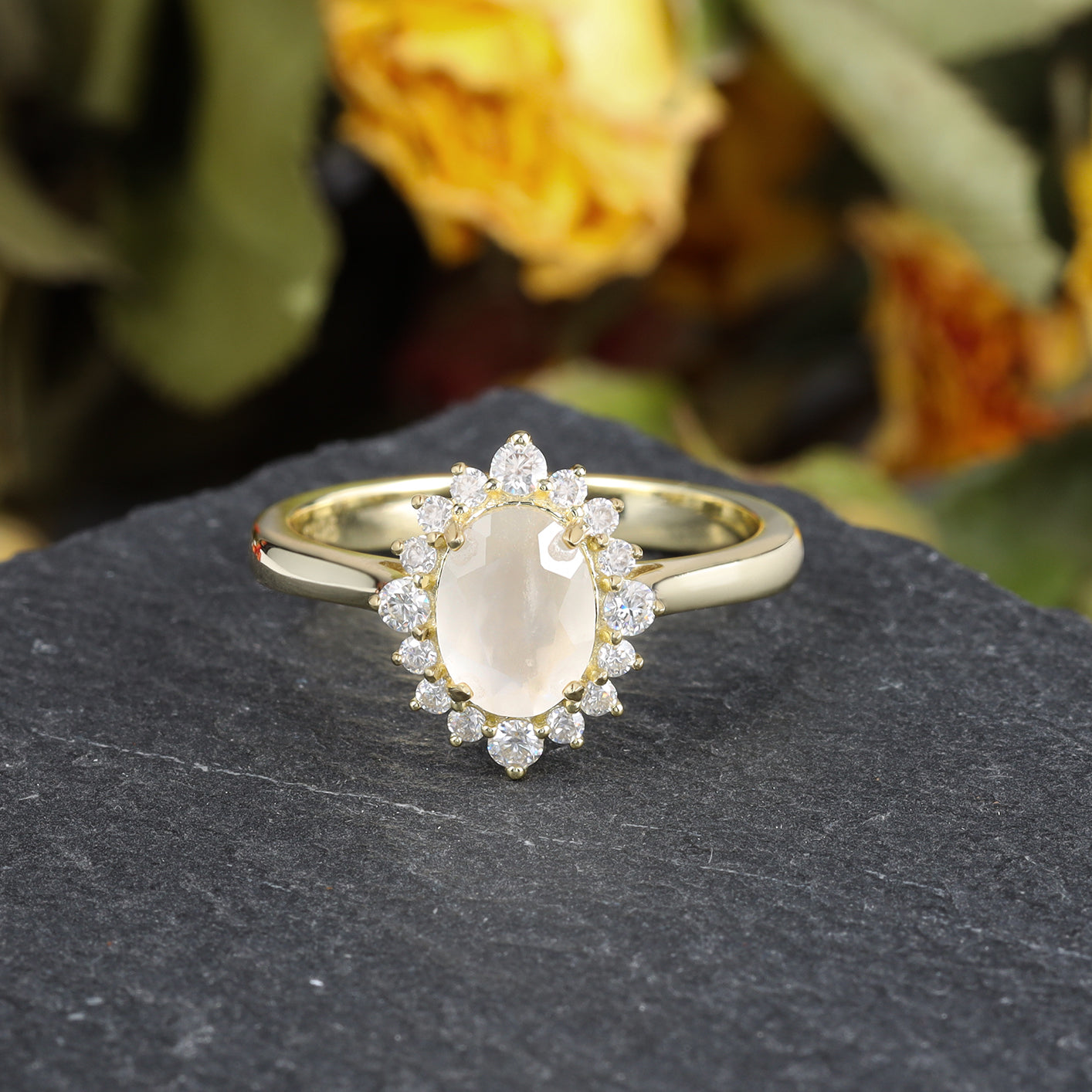 Natural Moonstone Oval Shaped With Moissanite, 925 Sterling Silver Ring