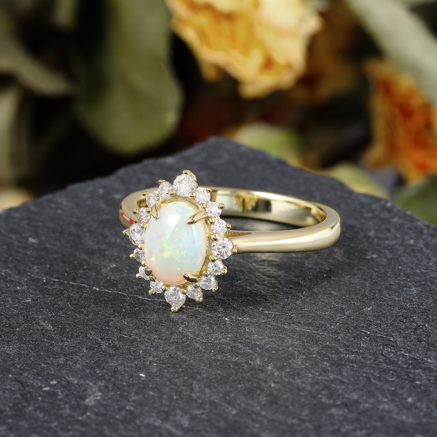 Natural Opal Flower With Moissanite 925 Sterling Silver Ring