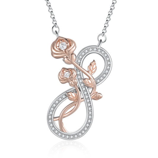 Infinity Rose Flower 2 Tone Necklace 925 Sterling Silver