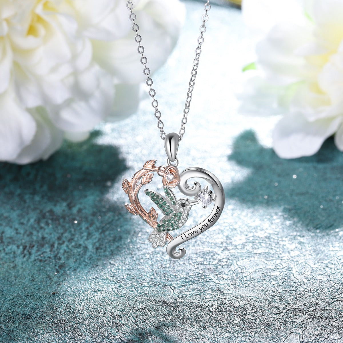 Heart, Rose and Bird Necklase 2 Tone 925 Sterling Silver